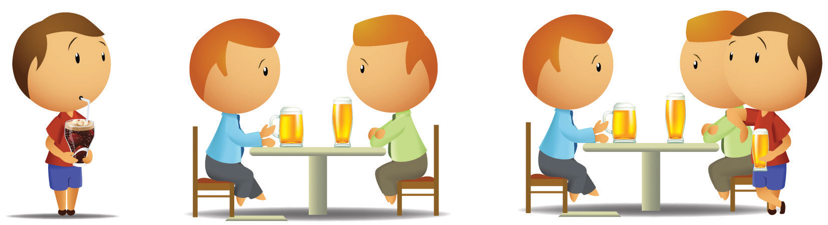 Picture 1: (Man 1 drinking a soda watching two other men sitting at a table drinking beer), Picture 2: (Man 1 drinking beer with the other two men)