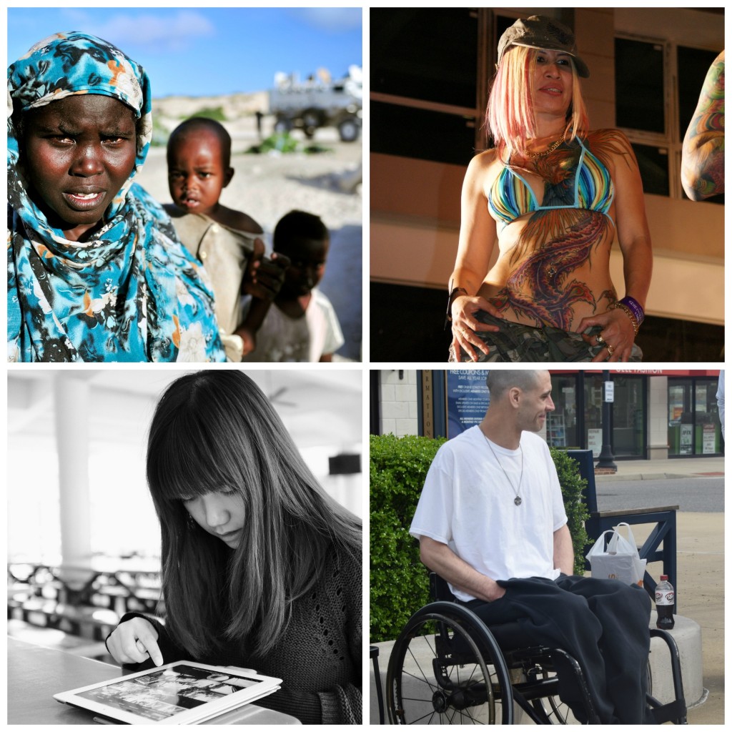 Collage: An African family, a woman in a bikini with a bunch of tattoos, an asian on an iPad, and a man in a wheel chair