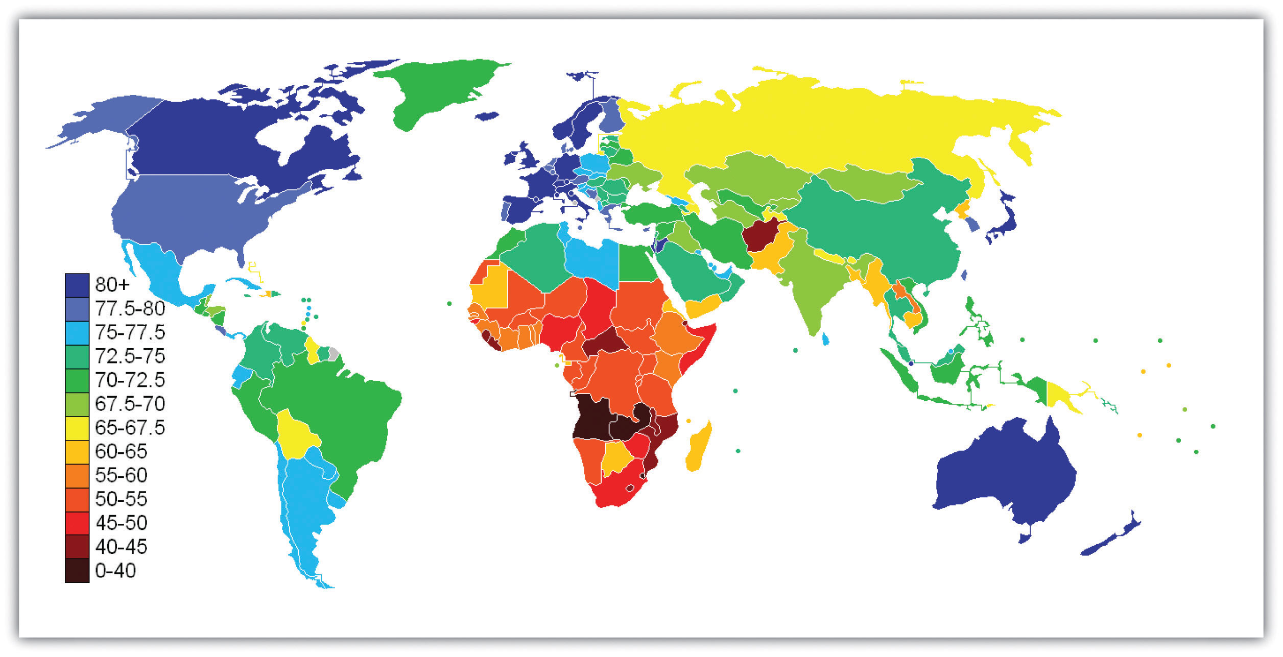 Average Life Expectancy across the Globe in Years. Highest life expectancies are seen in North America, Western Europe, Australia and Japan. Lower life expectancies are seen in many parts of Africa