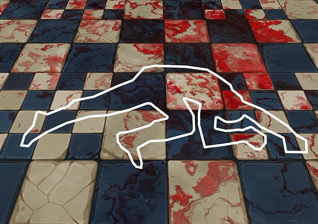 A chalk outline of a body on a bloody floor