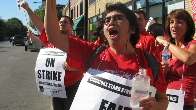 A group of teachers participating in the Chicago Teachers Strike