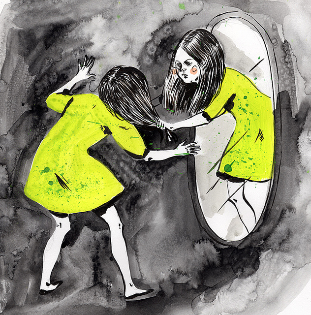 A cartoon showing a girl's reflection coming out of a mirror and pulling the hair on the actual girl