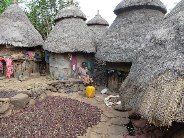 A few huts made from mud and straw in Ethiopia, illustrating the extreme poverty there