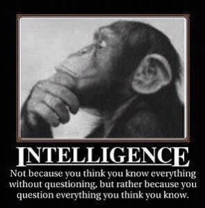 A monkey posing with his chin rested on his hand. Intelligence: not because you think you know everything without questioning, but rather because you question everything you think you know.