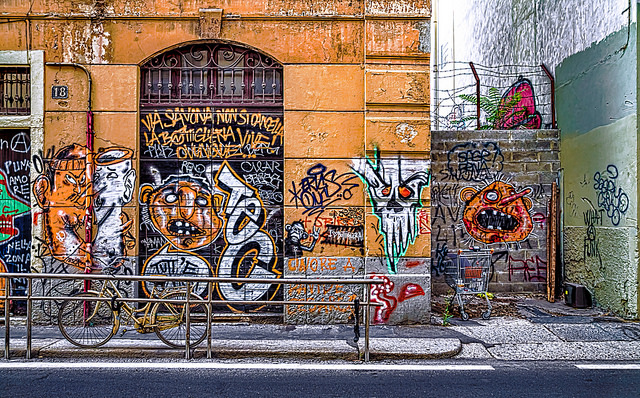 Graffiti covered buildings
