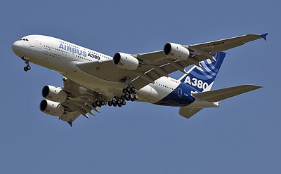 An airbus A380 getting ready to land