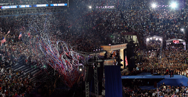 Confetti flying in the air of a packed stadium