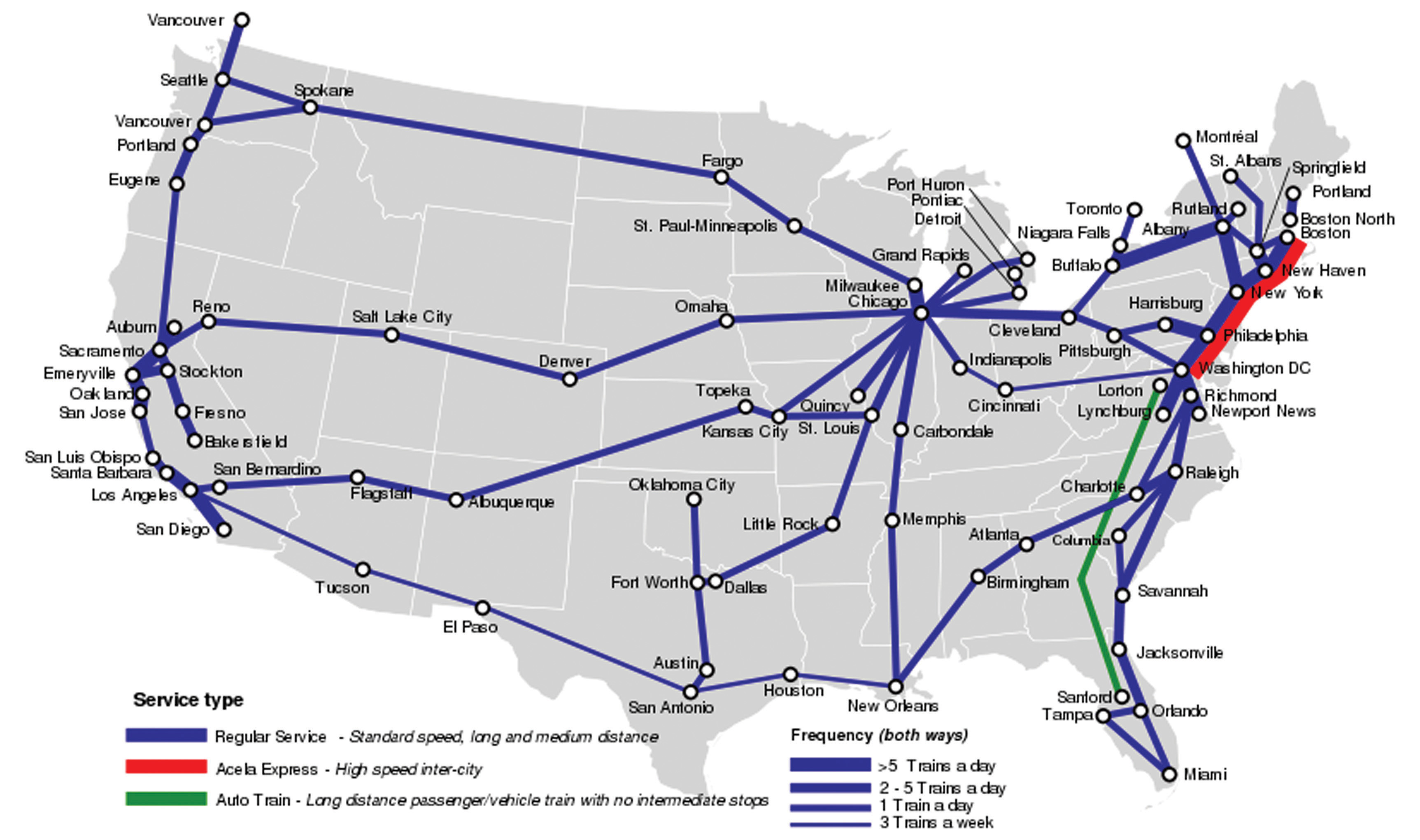 A map of the Amtrak's route