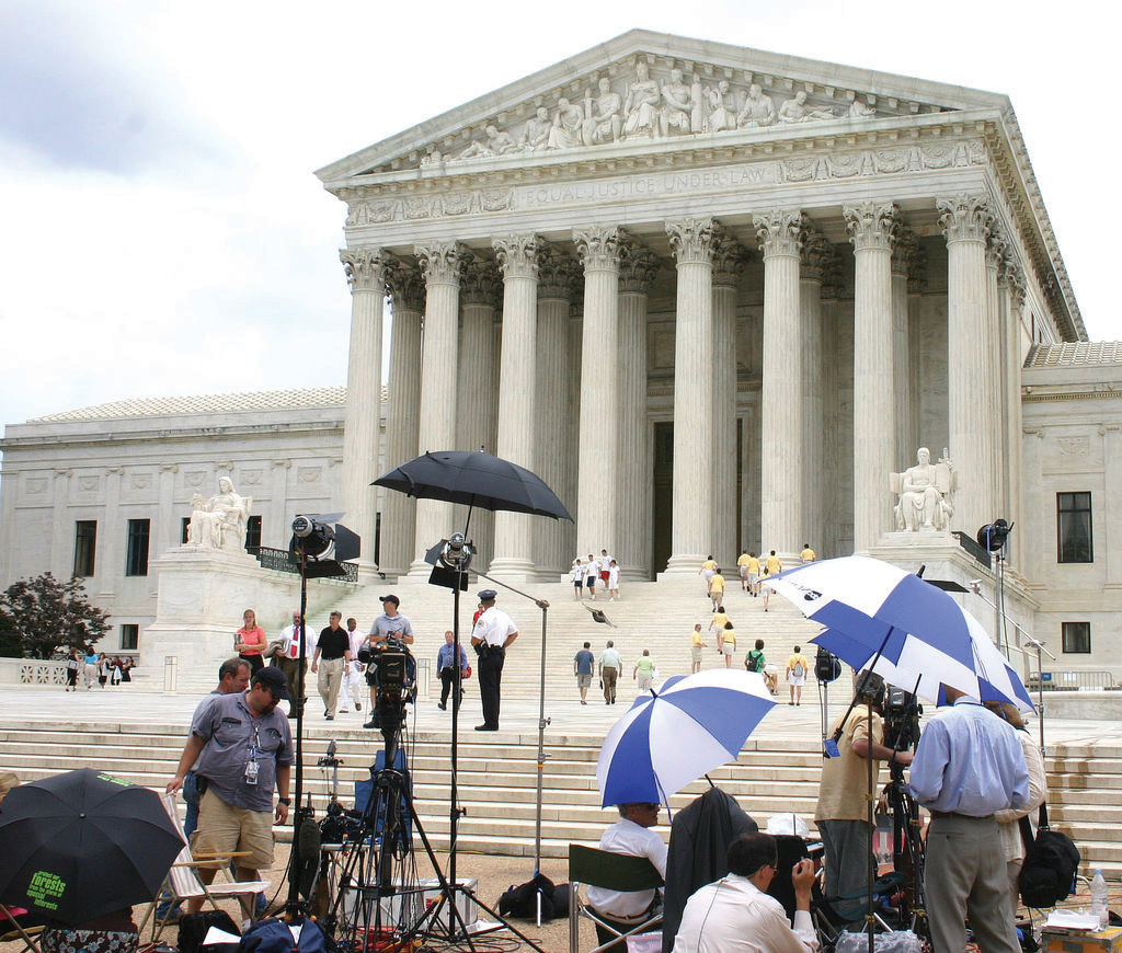 Reporters collected on the Supreme Court Plaza