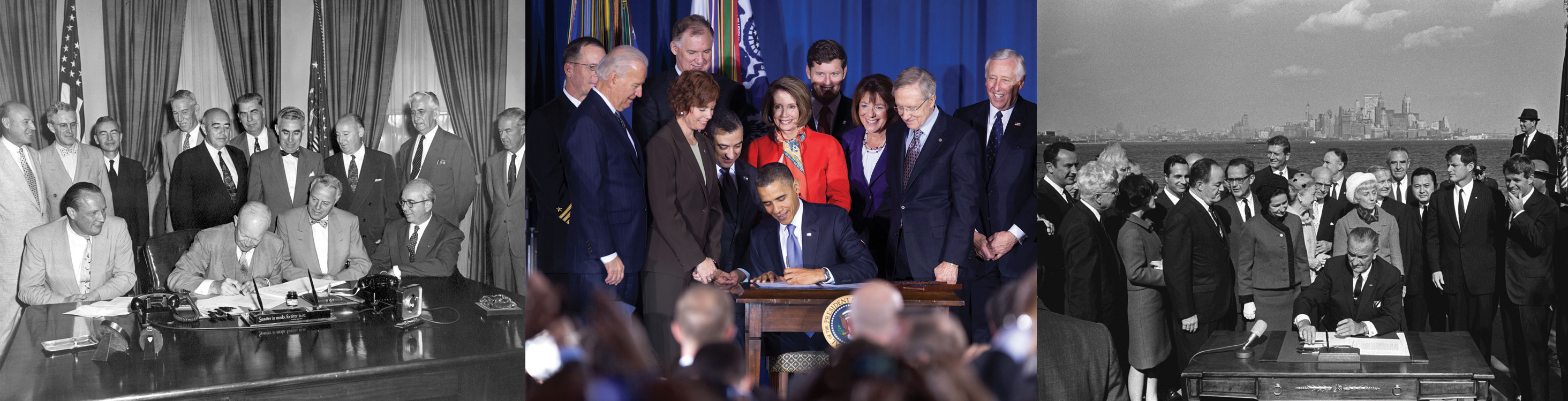 Various ceremonies giving the impression of harmony and finality in the policy process: President Obama signing DADT repeal, Eisenhower signing the Atomic Energy Act, and The Immigration Bill Signing