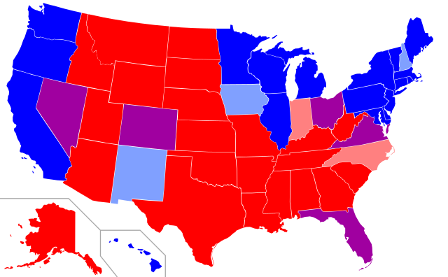 States color coated red, white, and purple, according to their political views