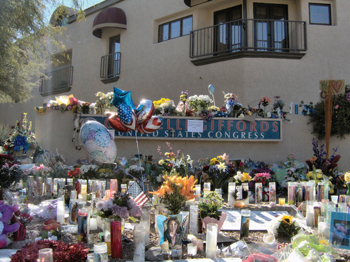 A memorial for Congresswoman Gabrielle Giffords who was shot outside a grocery store