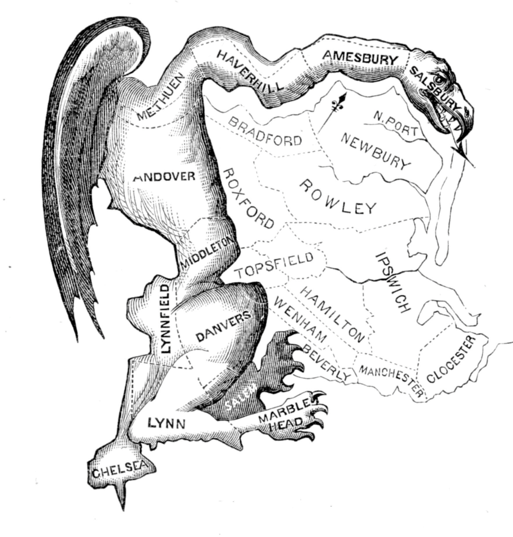 Gerrymander diagram (like a dragon split into parts)