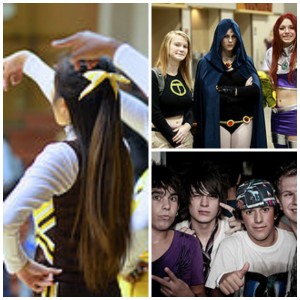 Collage of: girls on the dance team, girls dressed up for halloween, guys at a concert