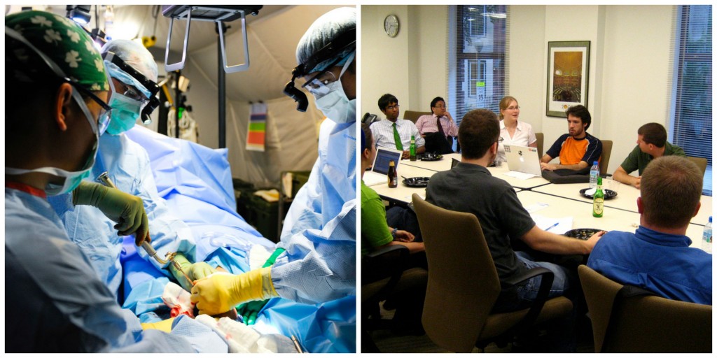 An operating team of surgeons, and a group of employees at a business meeting