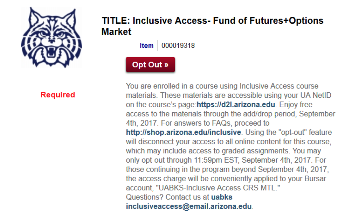 View of a required inclusive access textbook from the UA BookStores’ textbook portal for students.