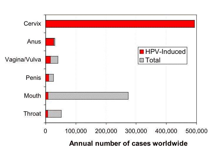 scale of 0-500,00 annual number of cancer and HPV-Induced cancer worldwide.