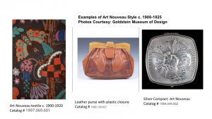 three examples of the art nouveau style: a textile, a leather purse with plastic closure, and a silver compact