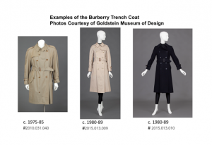 three examples of burberry trench coat wore by mannequins in khaki (1975-1985), rose (1980-1989), black (1980-1989)