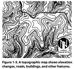 Figure 1-3. A topographic map shows elevation changes, roads, buildings, and other features.