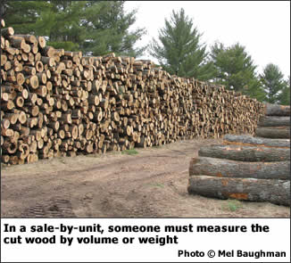In a sale-by-unit, someone must measure the cut wood by volume or weight.
