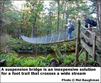 A suspension bridge is an inexpensive solution for a foot trail that crosses a wide stream