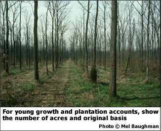 For young growth and plantation accounts, show the number of acres and original basis