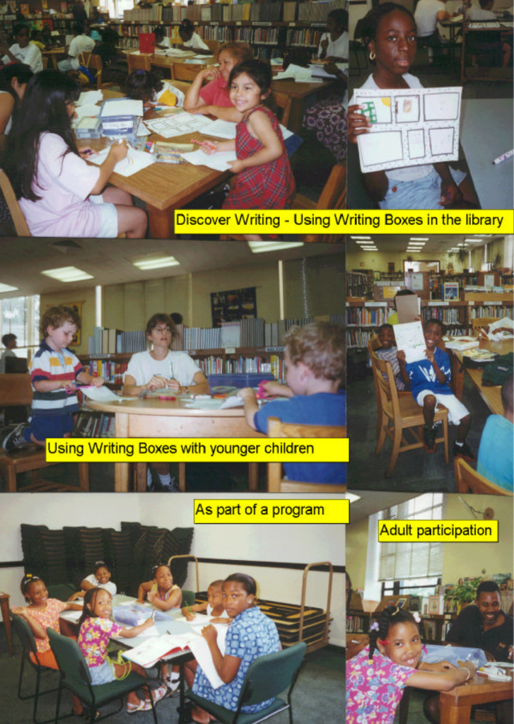 Six photos showing students engaged in writing box activities.