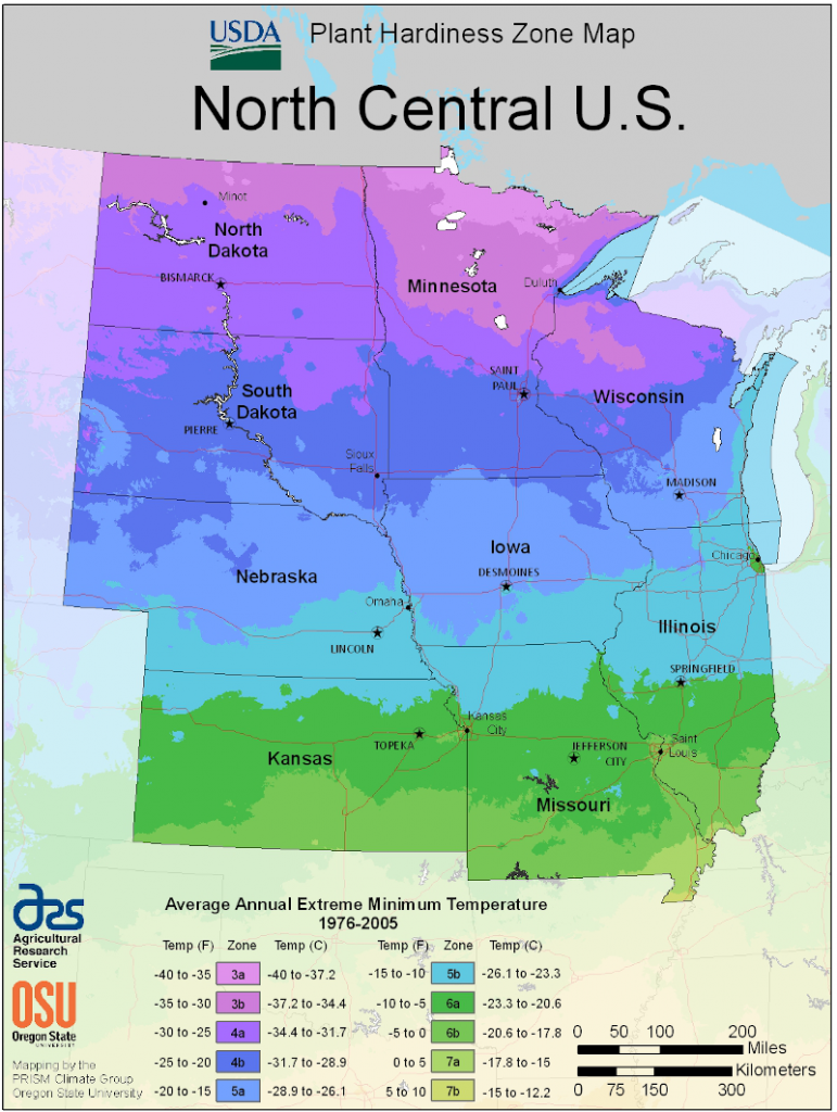 This map is used to determine which plants grow best in which regions. The map is based on the average annual minimum winter temperature, divided into 10-degree F zones. We defined cold climates in this book as zones 3 and 4. The marker points to the edge of zone 4. Below that, the lighter blue color denotes zone 5. 