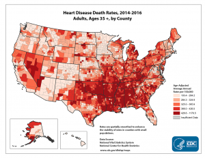 Heart Disease Death Rates for 2014 through 2016 for Adults Aged 35 Years and Older by County. The map shows that concentrations of counties with the highest heart disease death rates - meaning the top quintile - are located primarily in Alabama, Mississippi, Louisiana, Arkansas, Oklahoma, Georgia, Kentucky, Tennessee and Missouri. Pockets of high-rate counties also were found in Michigan, Ohio, West Virginia, Virginia, North Carolina, South Carolina, Texas, and Nevada.