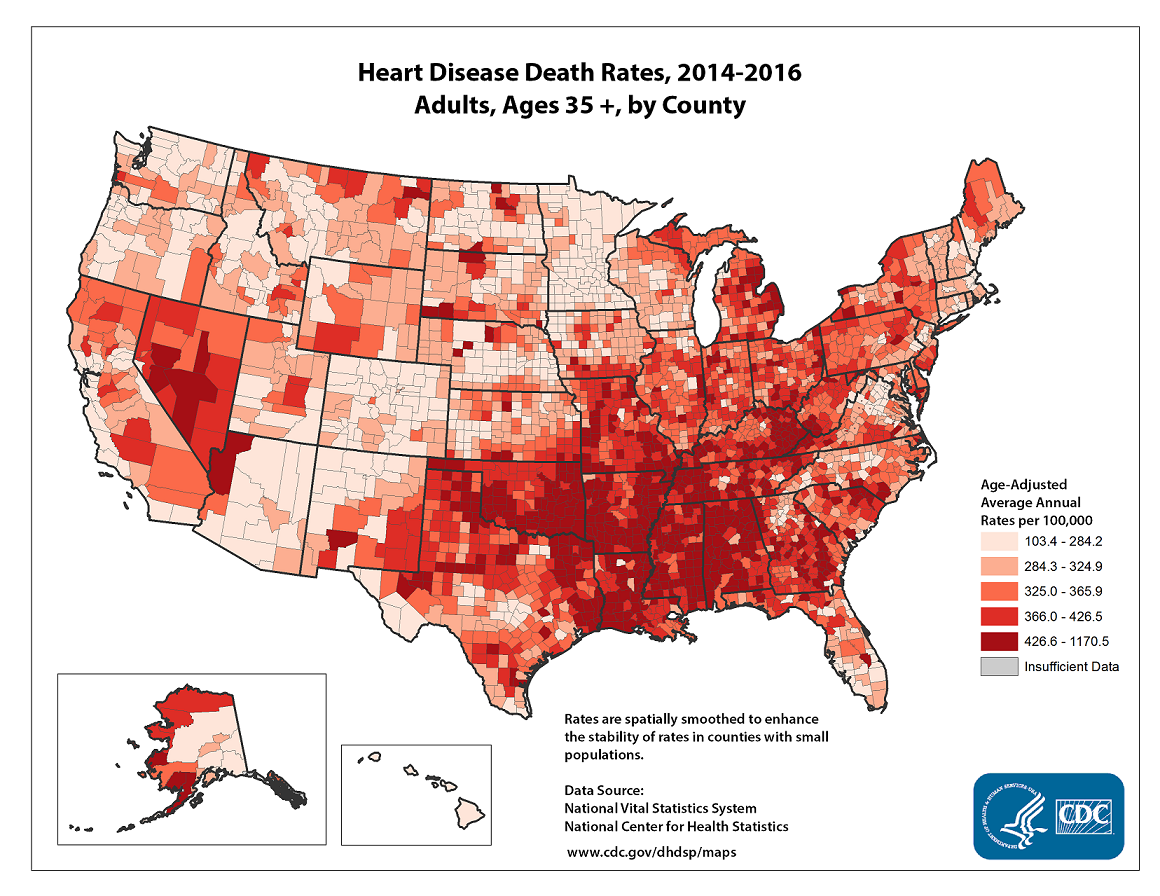 Heart Disease Death Rates for 2014 through 2016 for Adults Aged 35 Years and Older by County. The map shows that concentrations of counties with the highest heart disease death rates - meaning the top quintile - are located primarily in Alabama, Mississippi, Louisiana, Arkansas, Oklahoma, Georgia, Kentucky, Tennessee and Missouri. Pockets of high-rate counties also were found in Michigan, Ohio, West Virginia, Virginia, North Carolina, South Carolina, Texas, and Nevada.