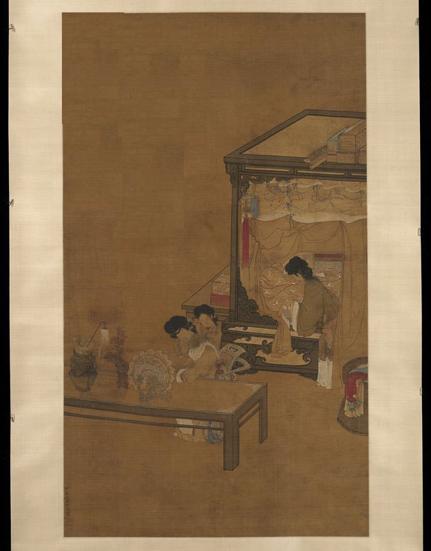 A seventeenth century painting of a boudoir scene, with a colophon by the female poet and painter Zhou Qi.