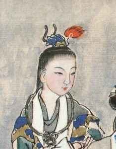 Closeup of Baoyu from Yangliuqing print of Patience at her Dressing Table