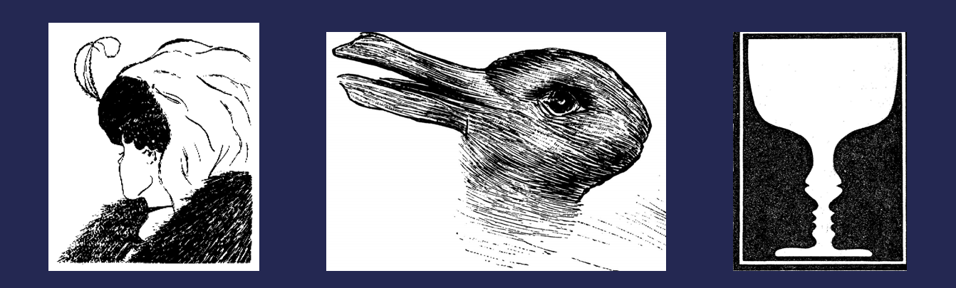 Image on the left is either the face of an elderly woman or the face of someone looking away from us. The middle image is the famous “duck/rabbit” which share an eye but have mouths that face in opposite directions. The image on the right is either a chalice or two faces that point at one another.