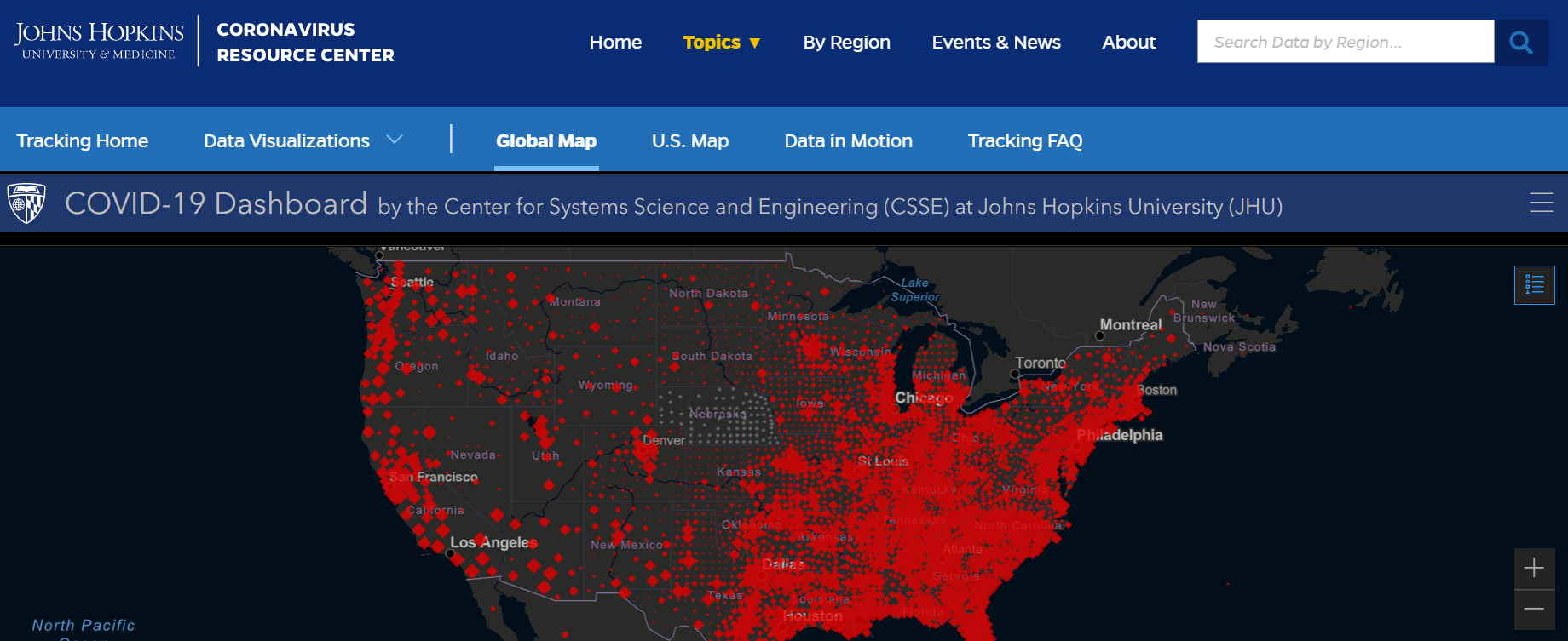 screenshot of gestalt data of covid outbreaks in US from John Hopkins University of Medicine