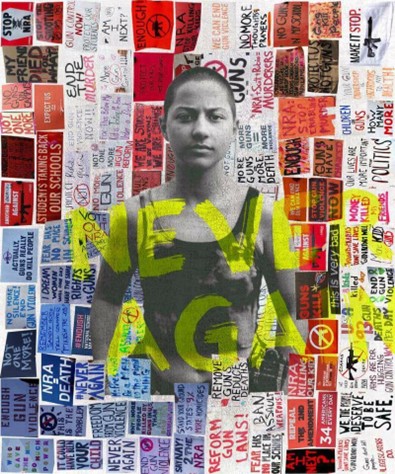 "Emma Gonzalez with mosaic of slogans (art by Serena May Illescas)" by Vince Reinhart is licensed under CC BY-SA 2.0