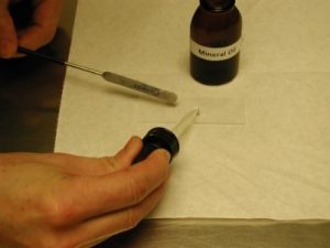 Person dropping mineral oil on microscopic slide