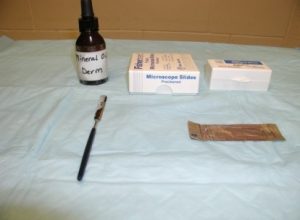 Set up of mineral oil, droplet, and microscopic slides on a light blue towel