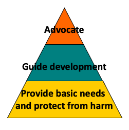 Pyramid labeled from top to bottom: Advocate, Guide development, Provide basic needs and protect from harm.