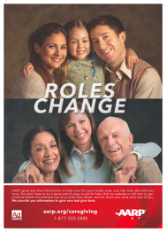 Advertisement of the American Association of Retired Persons showing a younger daughter with two parents and an older daughter with two parents saying "Roles Change."