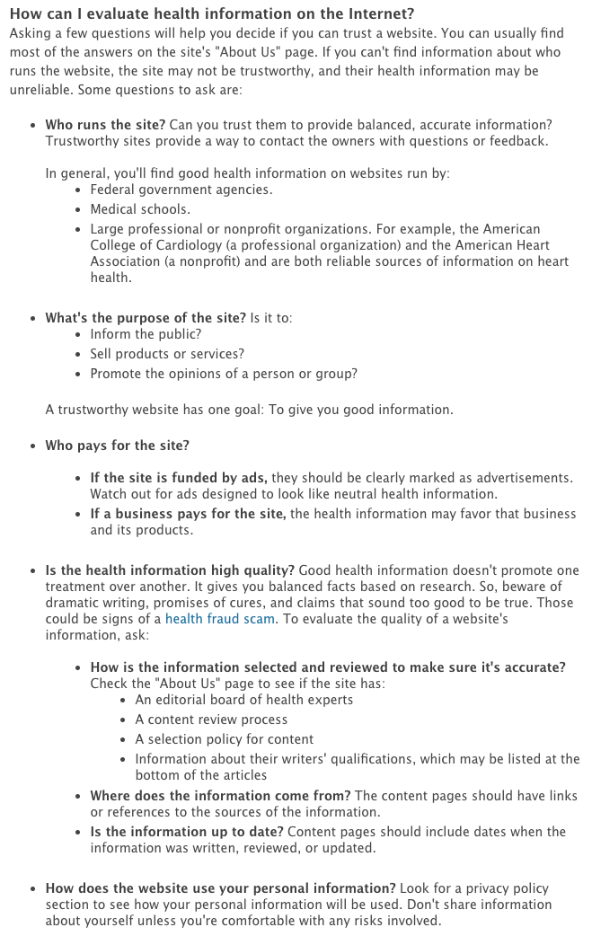 Image of the webpage Medline Plus that shows how to evaluate health information on the internet.