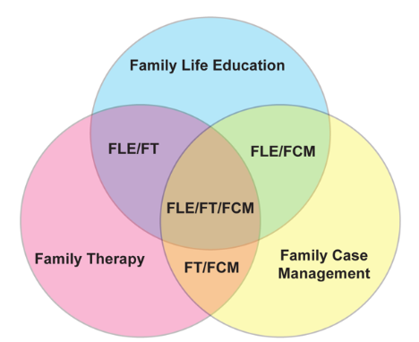 Venn diagram of intersection of Family life education, family therapy and family case management (used by permission from Myers-Walls, J.)
