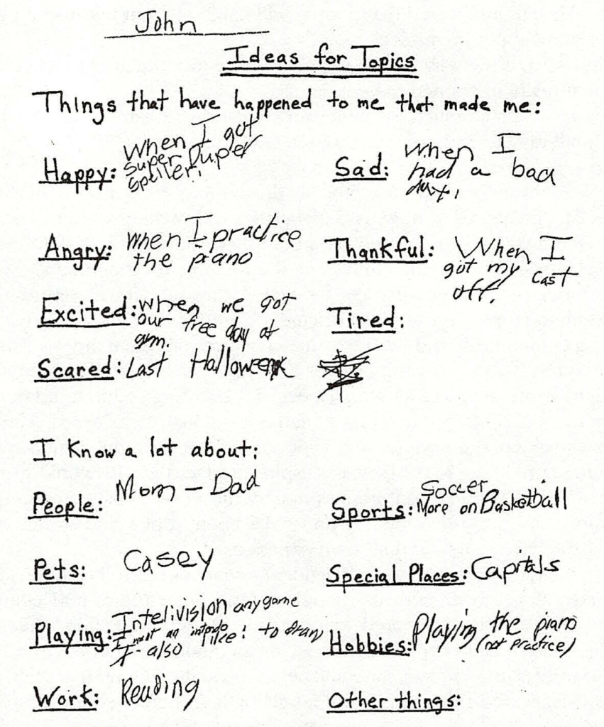 a hand-written document depicting a child's answers to prompts