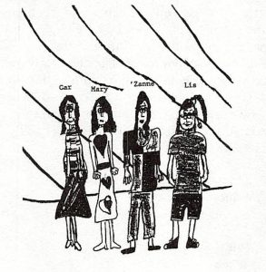 a child's drawing of four women dressed in unique clothing