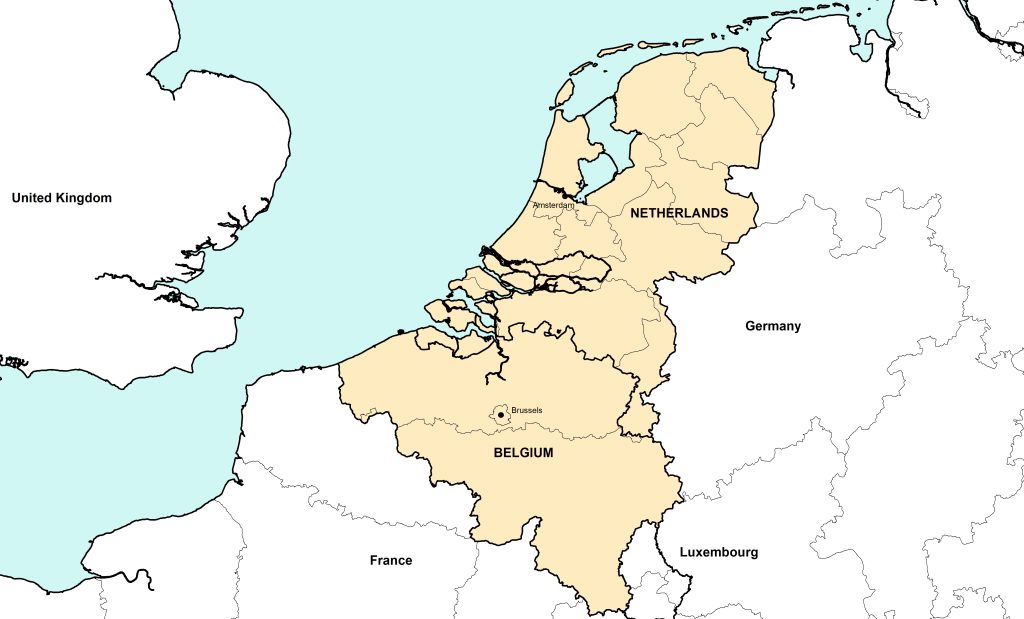 Simplified map displaying countries of Belgium and the Netherlands