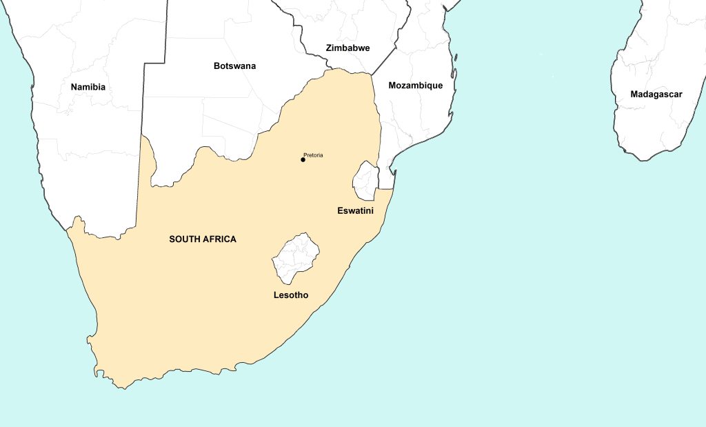 Simplified map displaying the location of South Africa