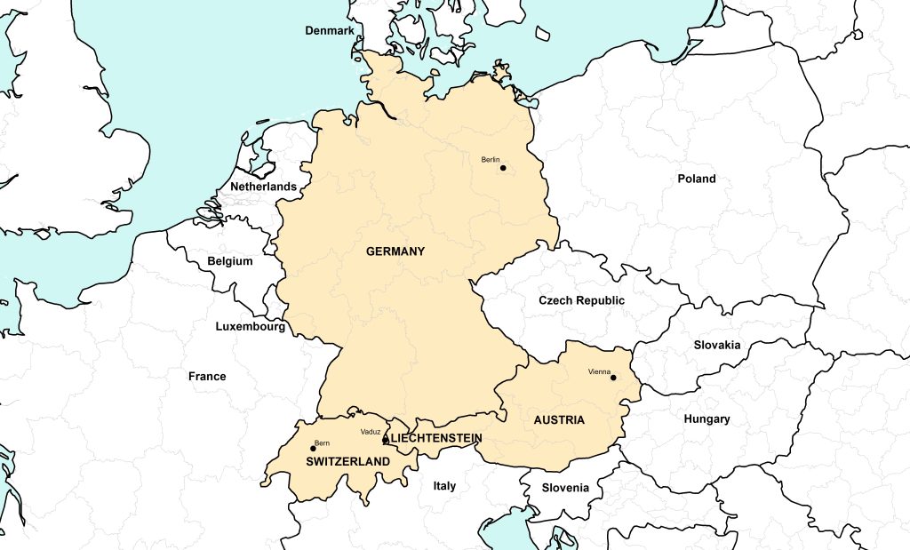 Simplified map highlighting Germany, Switzerland, Lichtenstein, and Austria.