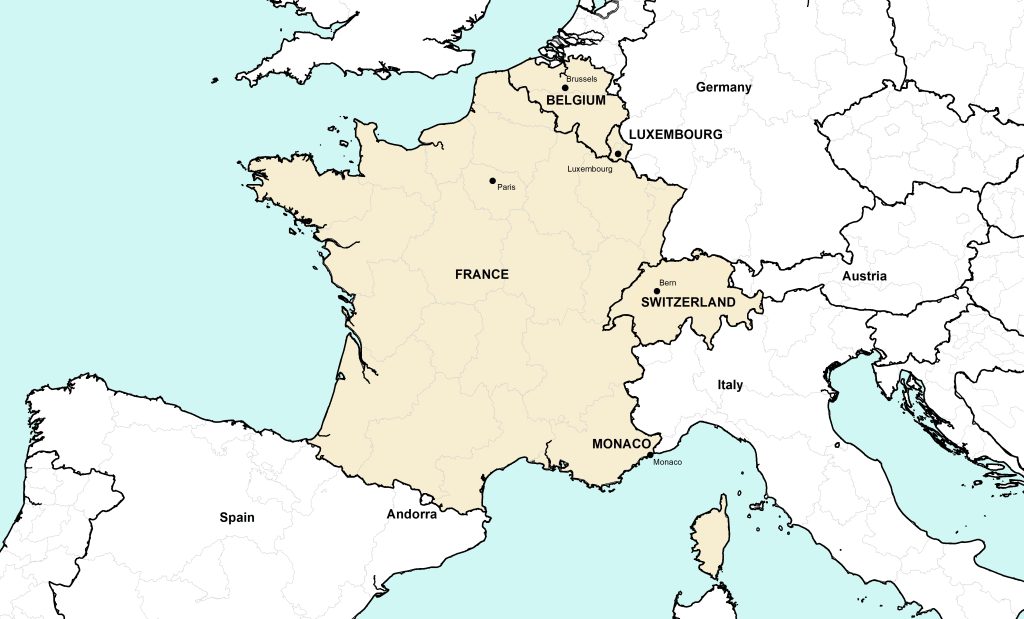 Simplified map of the French-speaking countries in Europe.