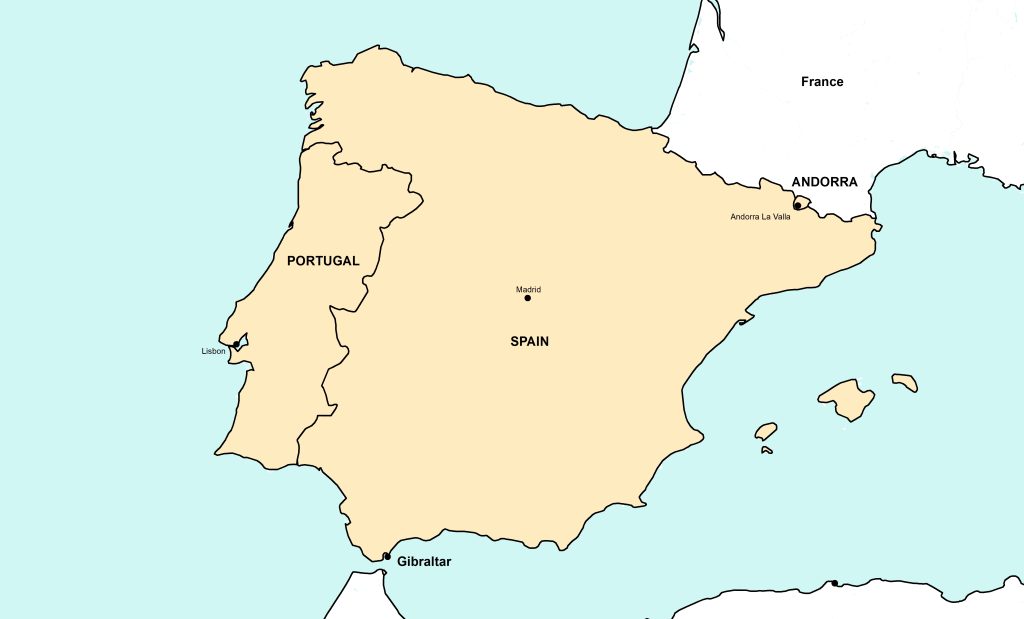 Simplified map displaying the countries of Portugal, Spain, and Andorra.
