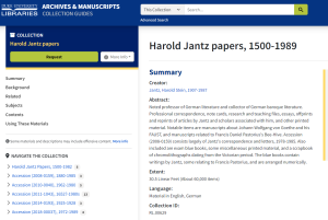 Fig. 4. Author generated screenshot, "Harold Jantz papers, 1500-1989," Duke University Libraries Finding Aid, accessed March 26, 2024, https://archives.lib.duke.edu/catalog/jantzpapers.